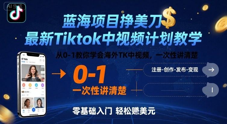 蓝海项目挣美刀，最新Tiktok中视频计划教学，从0-1教你学会海外TK中视频，一次性讲清楚-娃菜资源网